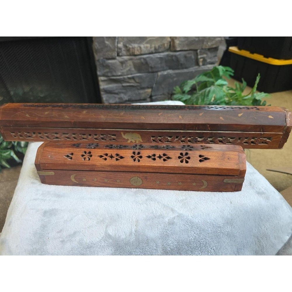 Set Of 2  Wooden Incense Holder Box 12 " & 22" Brass Inlay Stick &  Storag